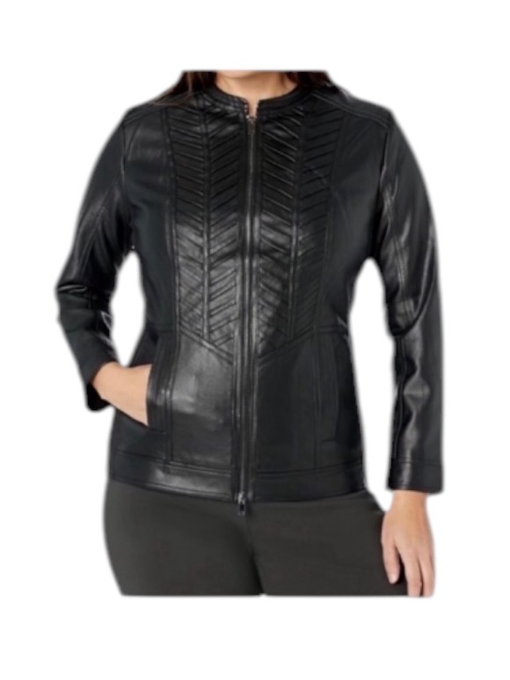 NWT EVANS Women's Black Faux Leather Biker Zip Front Jacket s12 Moto has stretch